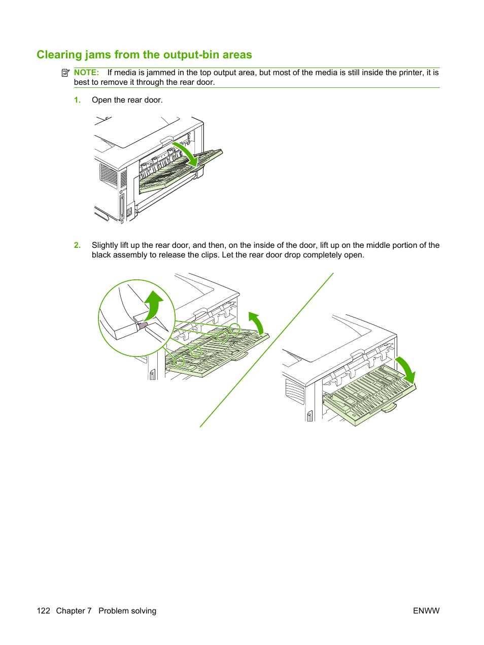 Clearing jams from the output-bin areas | HP LaserJet 5200 Printer series User Manual | Page 134 / 212