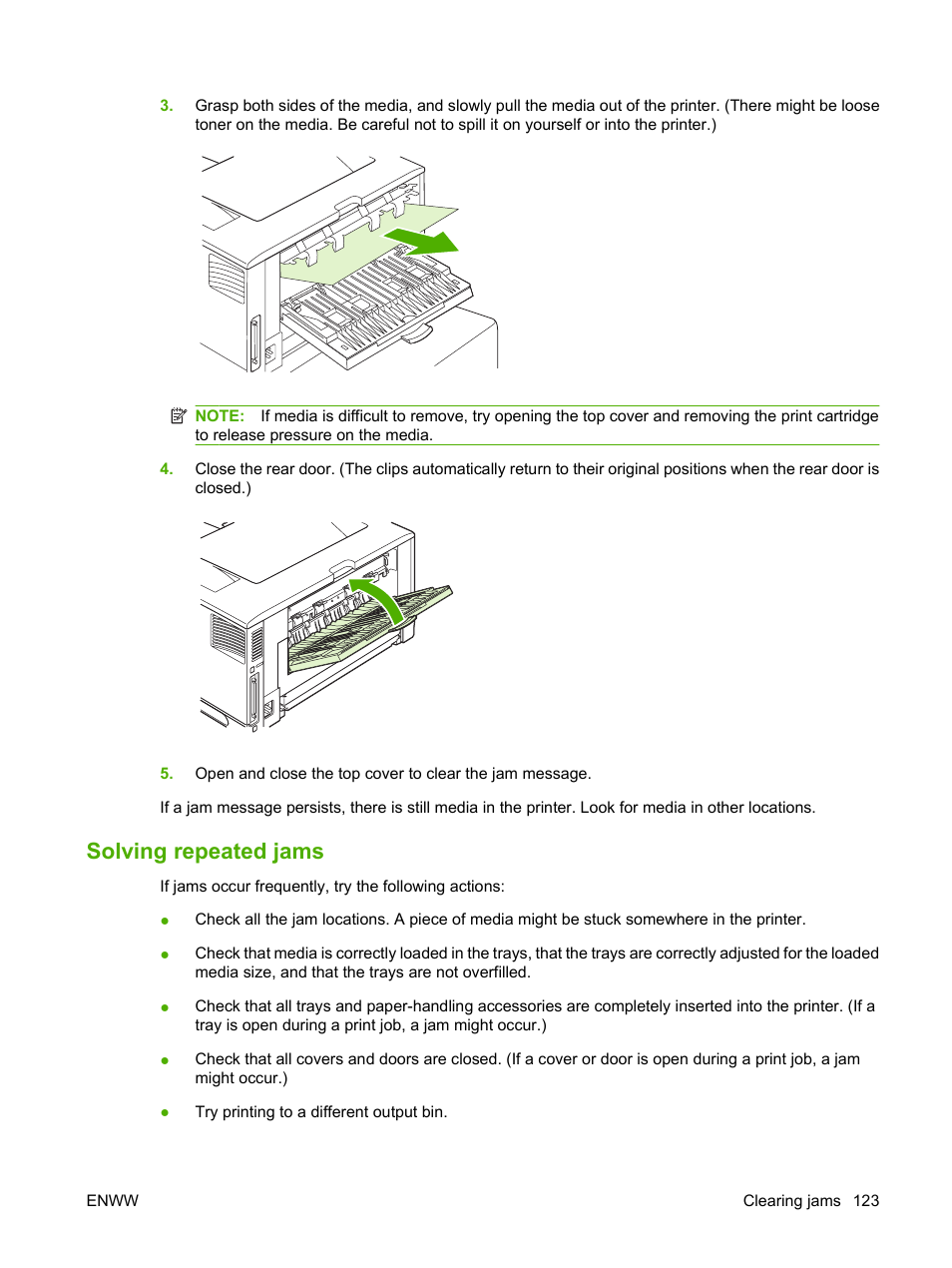 Solving repeated jams | HP LaserJet 5200 Printer series User Manual | Page 135 / 212
