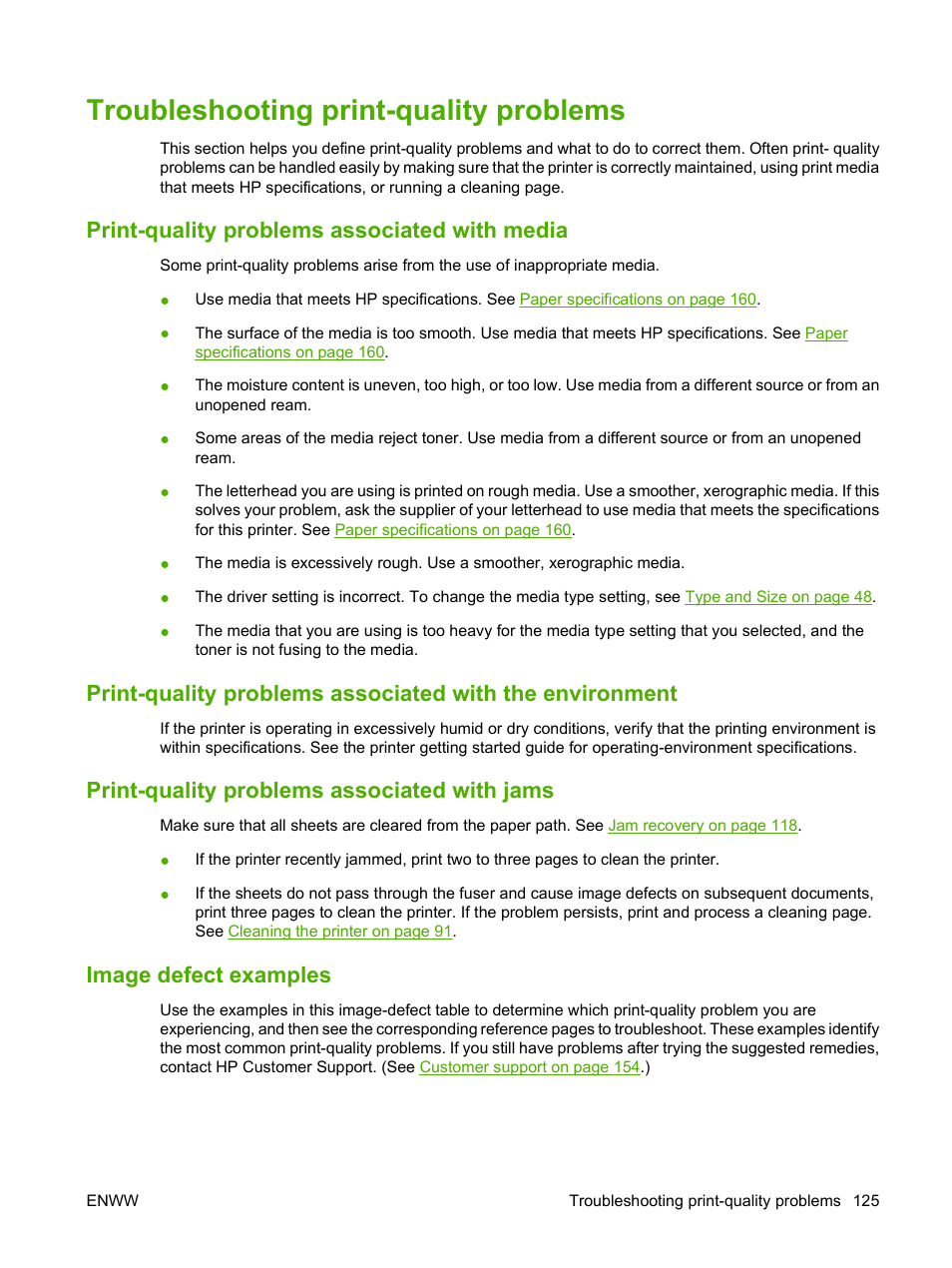 Troubleshooting print-quality problems, Print-quality problems associated with media, Print-quality problems associated with jams | Image defect examples | HP LaserJet 5200 Printer series User Manual | Page 137 / 212