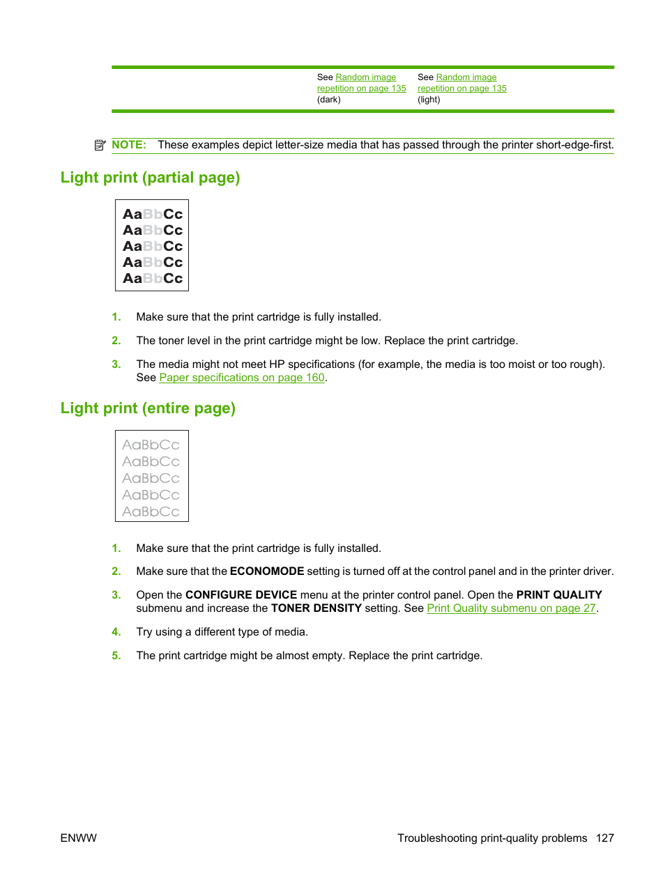 Light print (partial, Light print (entire, Light print (partial page) | Light print (entire page) | HP LaserJet 5200 Printer series User Manual | Page 139 / 212
