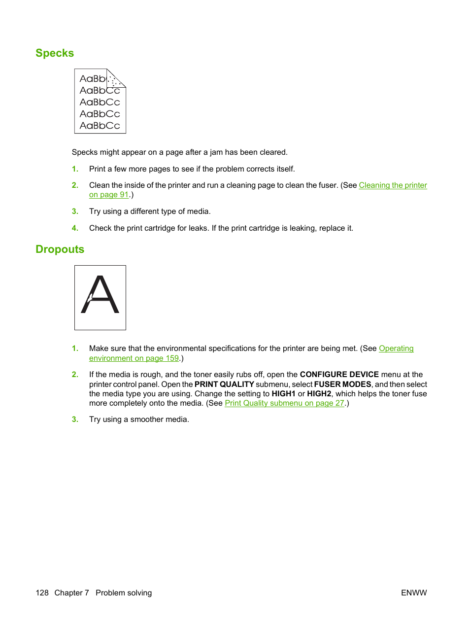 Specks, Dropouts, Specks dropouts | HP LaserJet 5200 Printer series User Manual | Page 140 / 212