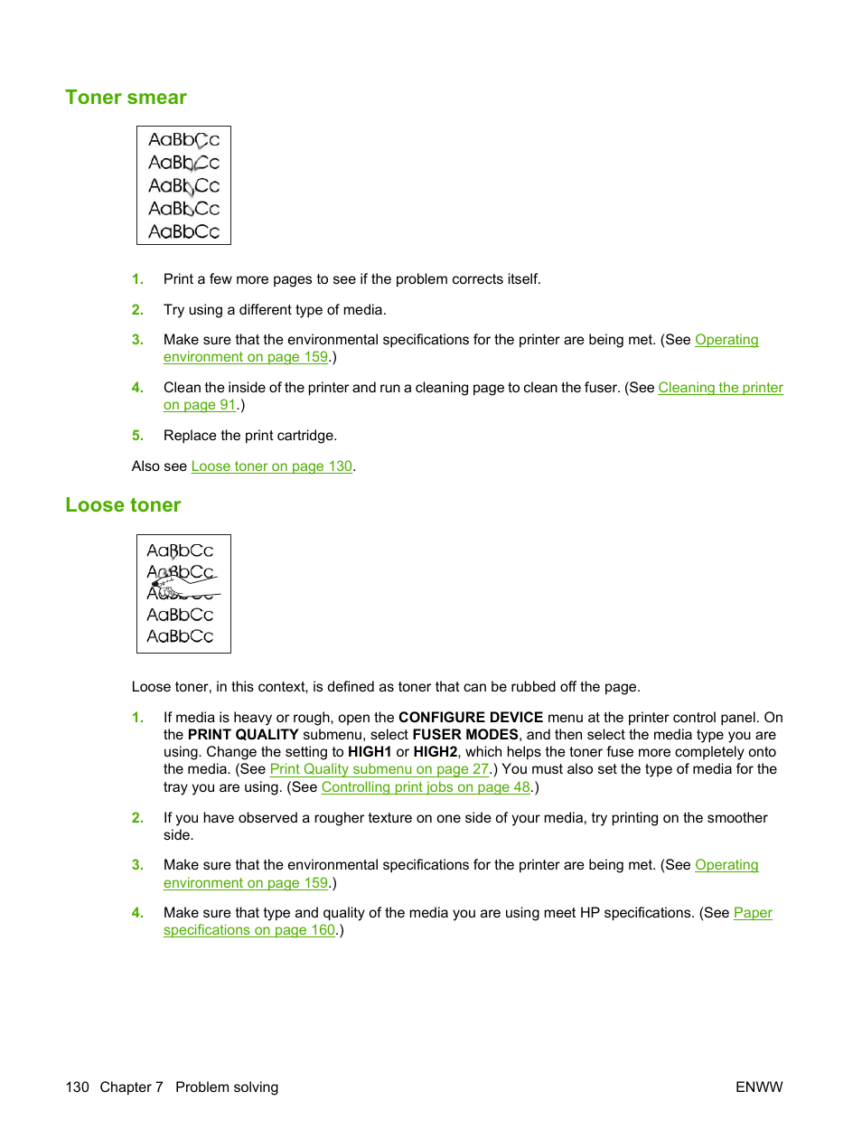 Toner smear, Loose toner, Toner smear loose toner | HP LaserJet 5200 Printer series User Manual | Page 142 / 212