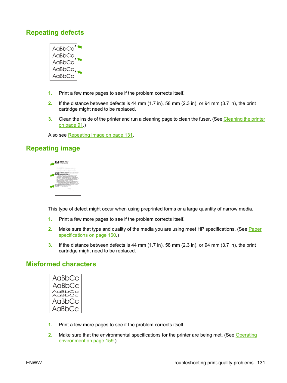Repeating defects, Repeating image, Misformed characters | Misformed, Aabbcc aabbcc aabbcc aabbcc | HP LaserJet 5200 Printer series User Manual | Page 143 / 212