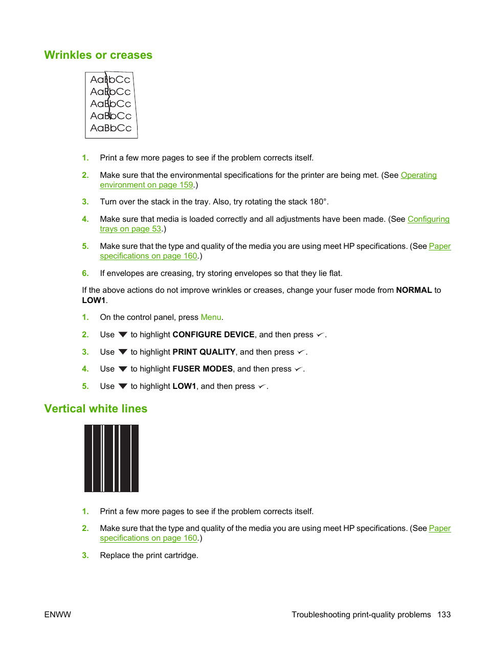 Wrinkles or creases, Vertical white lines, Wrinkles or creases vertical white lines | Wrinkles or | HP LaserJet 5200 Printer series User Manual | Page 145 / 212