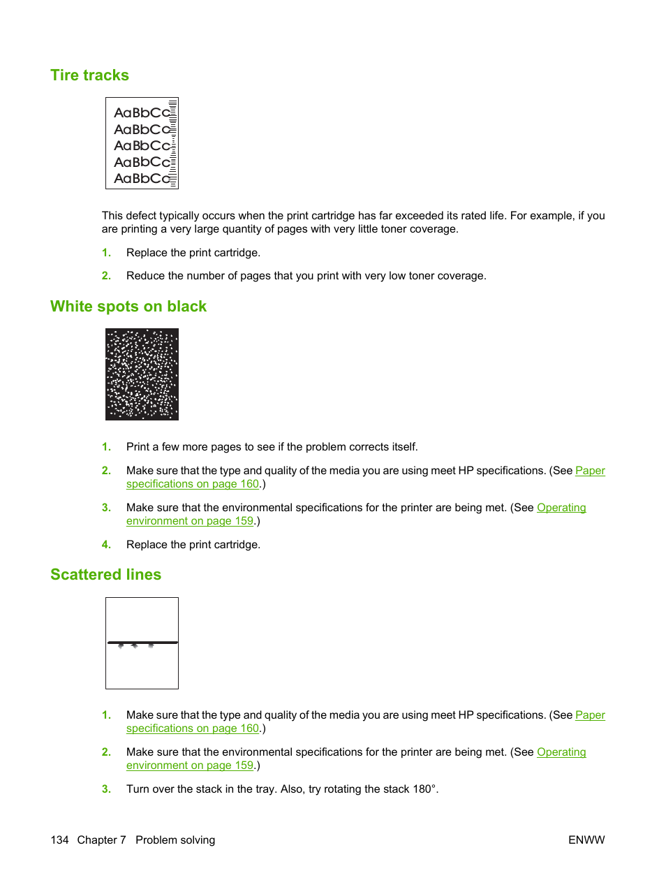 Tire tracks, White spots on black, Scattered lines | Tire tracks white spots on black scattered lines, White spots on | HP LaserJet 5200 Printer series User Manual | Page 146 / 212