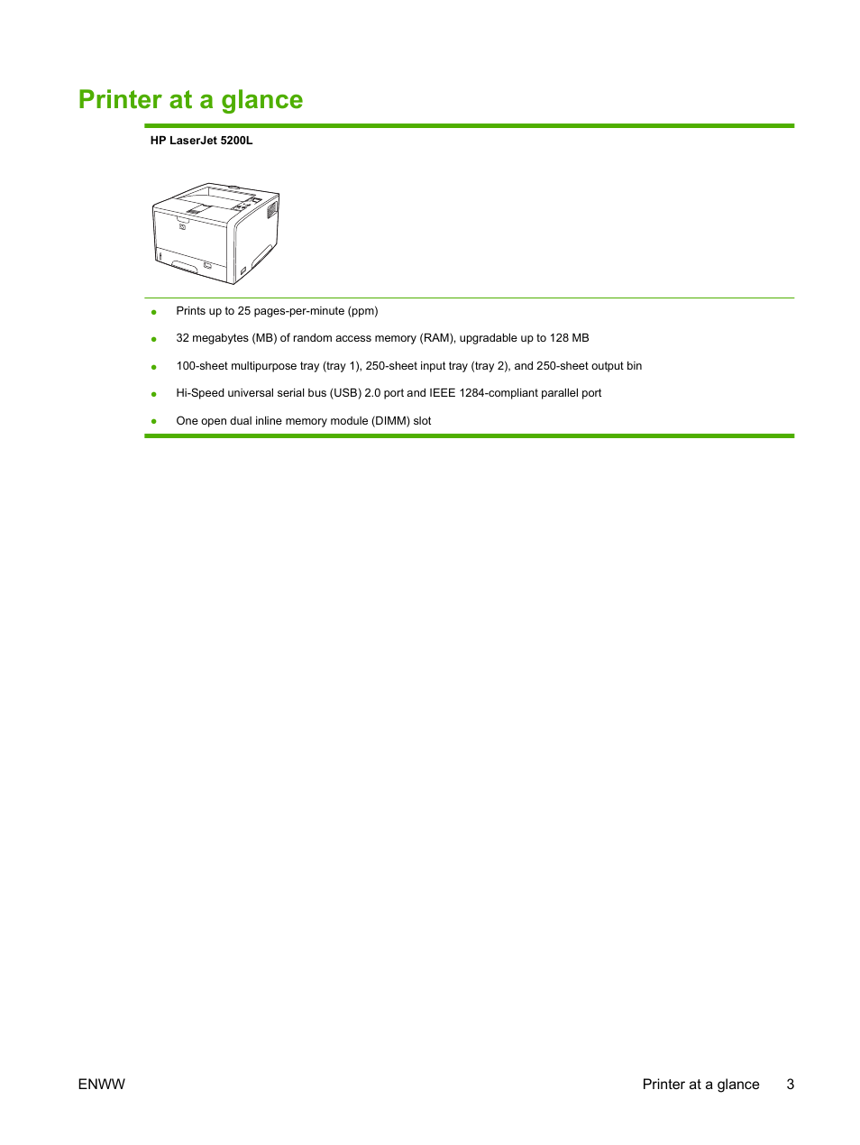 Printer at a glance | HP LaserJet 5200 Printer series User Manual | Page 15 / 212