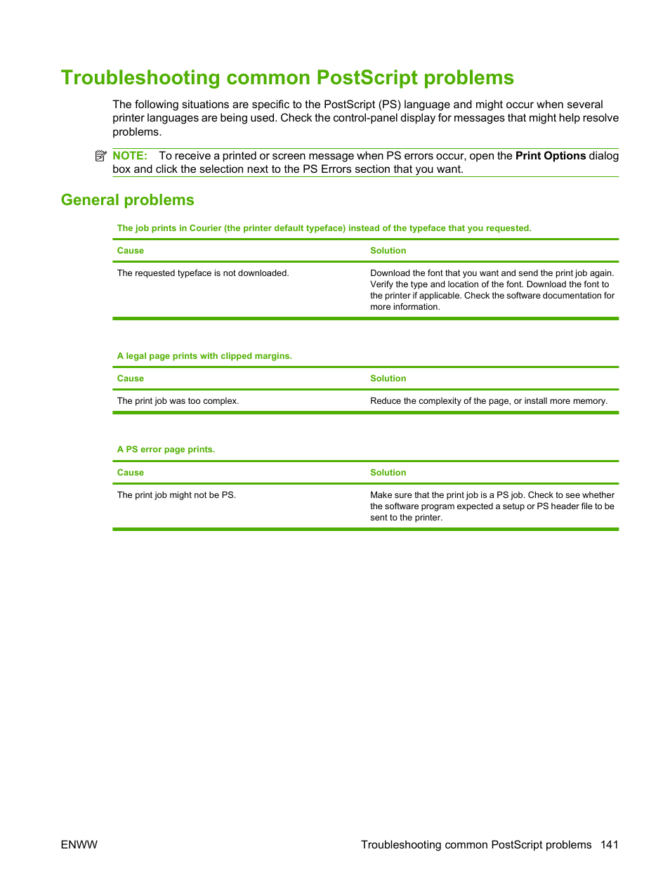 Troubleshooting common postscript problems, General problems | HP LaserJet 5200 Printer series User Manual | Page 153 / 212