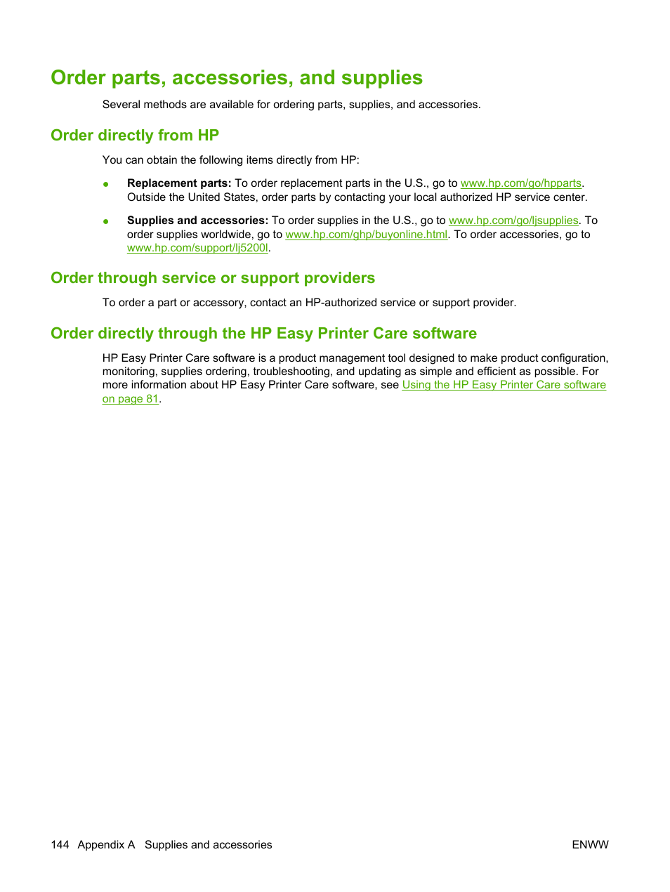 Order parts, accessories, and supplies, Order directly from hp, Order through service or support providers | HP LaserJet 5200 Printer series User Manual | Page 156 / 212