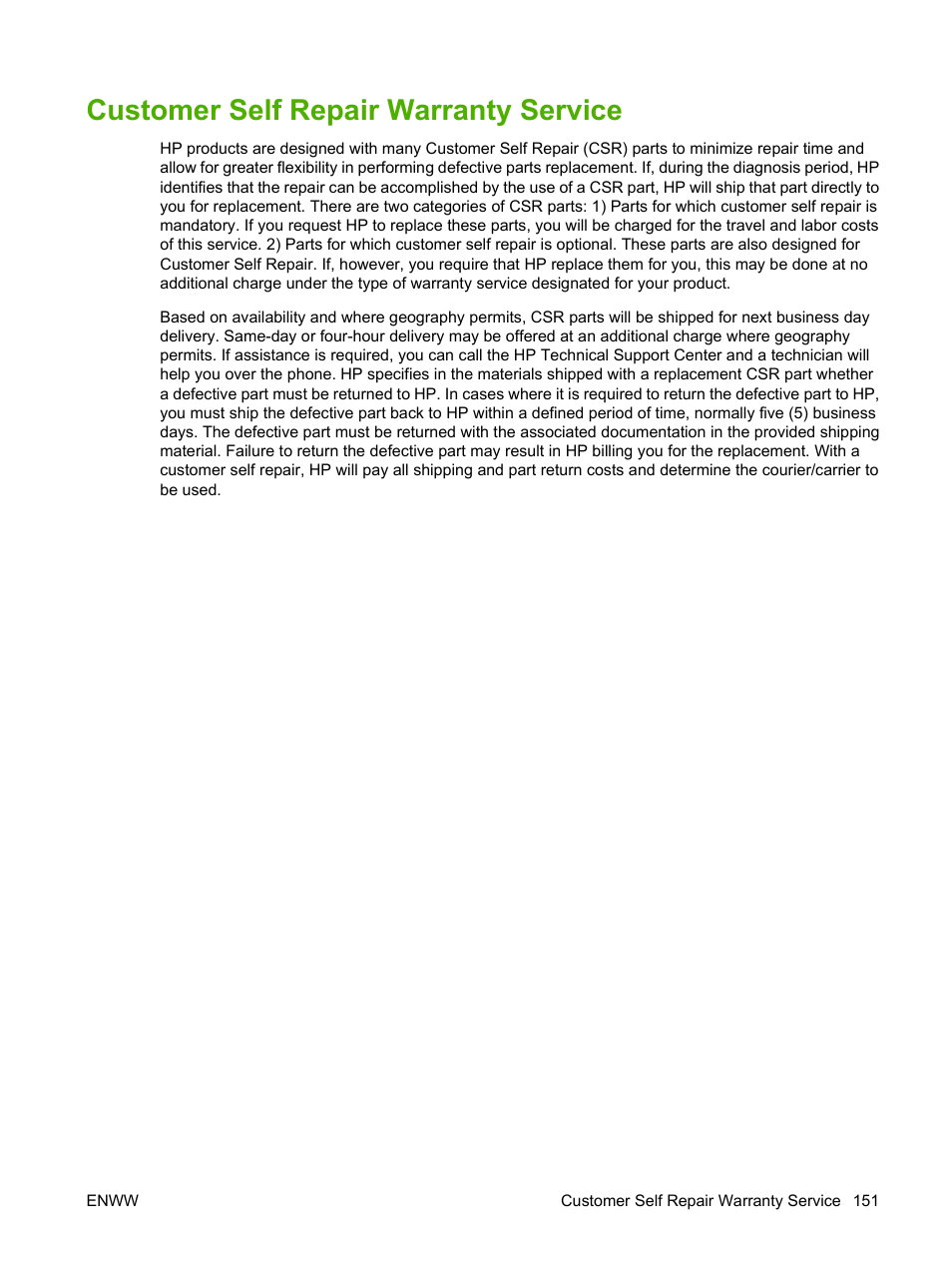Customer self repair warranty service | HP LaserJet 5200 Printer series User Manual | Page 163 / 212