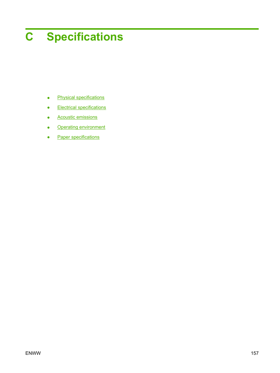 Specifications, Appendix c specifications, Cspecifications | HP LaserJet 5200 Printer series User Manual | Page 169 / 212
