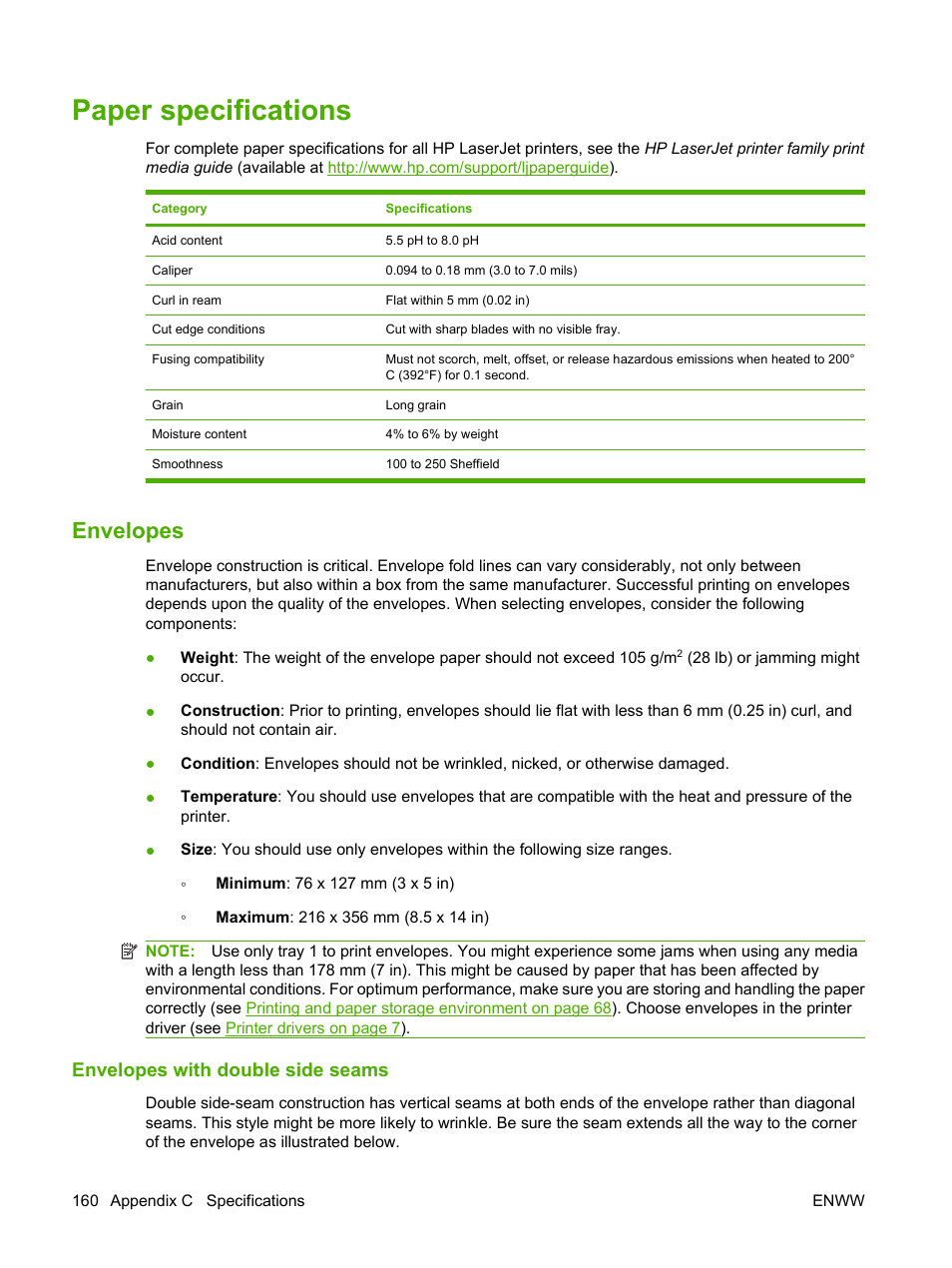 Paper specifications, Envelopes, Envelopes with double side seams | Paper | HP LaserJet 5200 Printer series User Manual | Page 172 / 212