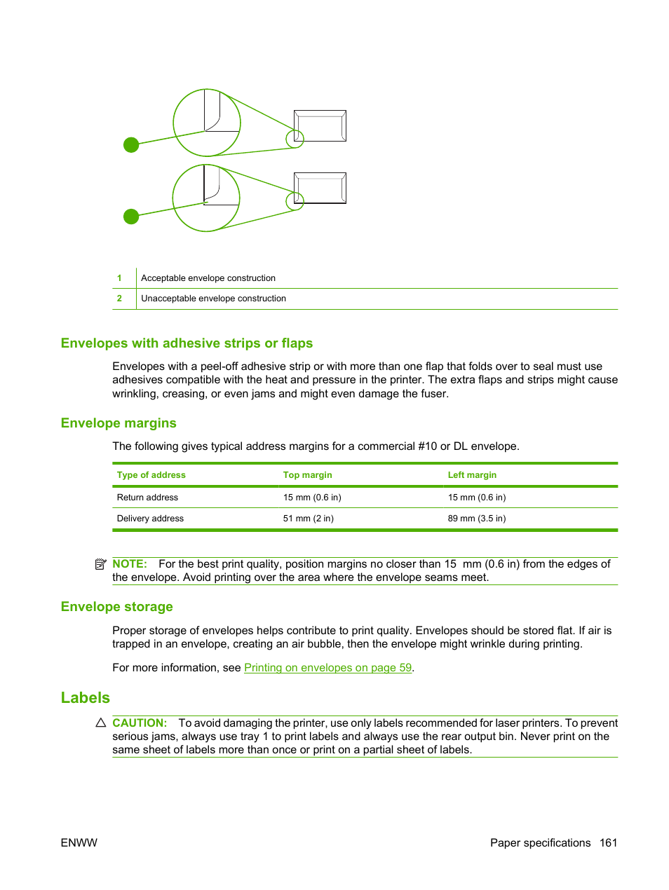 Envelopes with adhesive strips or flaps, Envelope margins, Envelope storage | Labels | HP LaserJet 5200 Printer series User Manual | Page 173 / 212