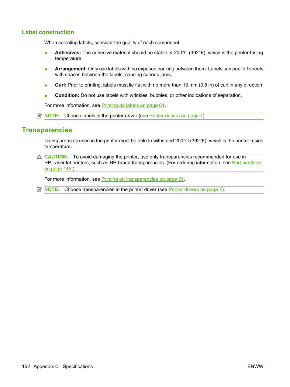 Label construction, Transparencies | HP LaserJet 5200 Printer series User Manual | Page 174 / 212