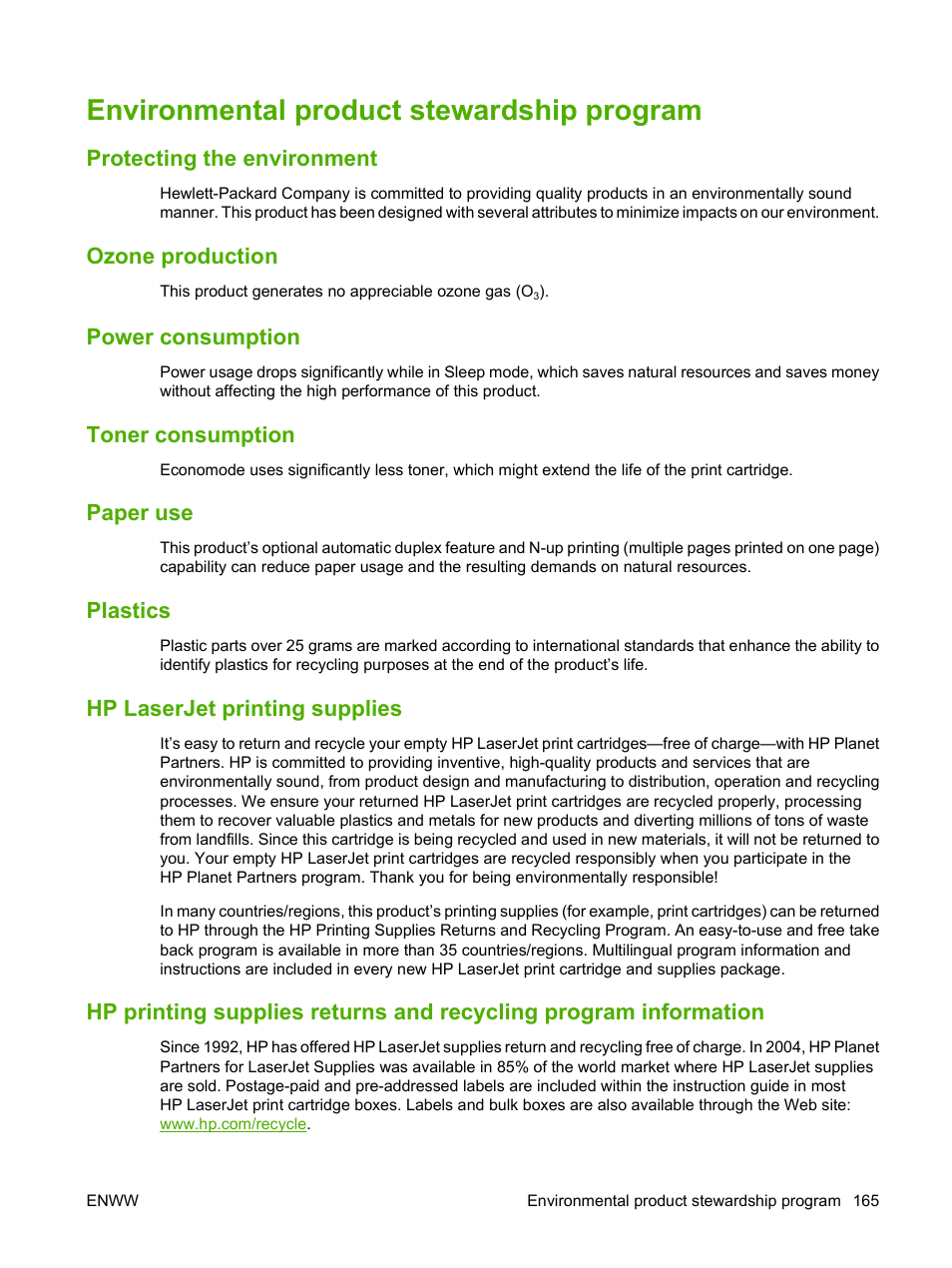 Environmental product stewardship program, Protecting the environment, Ozone production | Power consumption, Toner consumption, Paper use, Plastics, Hp laserjet printing supplies | HP LaserJet 5200 Printer series User Manual | Page 177 / 212