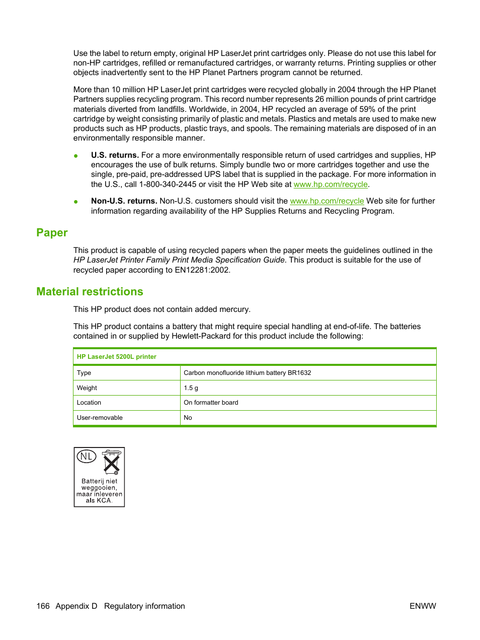 Paper, Material restrictions, Paper material restrictions | HP LaserJet 5200 Printer series User Manual | Page 178 / 212