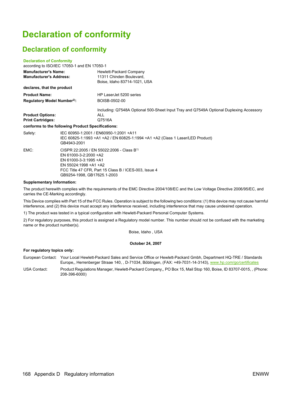 Declaration of conformity | HP LaserJet 5200 Printer series User Manual | Page 180 / 212