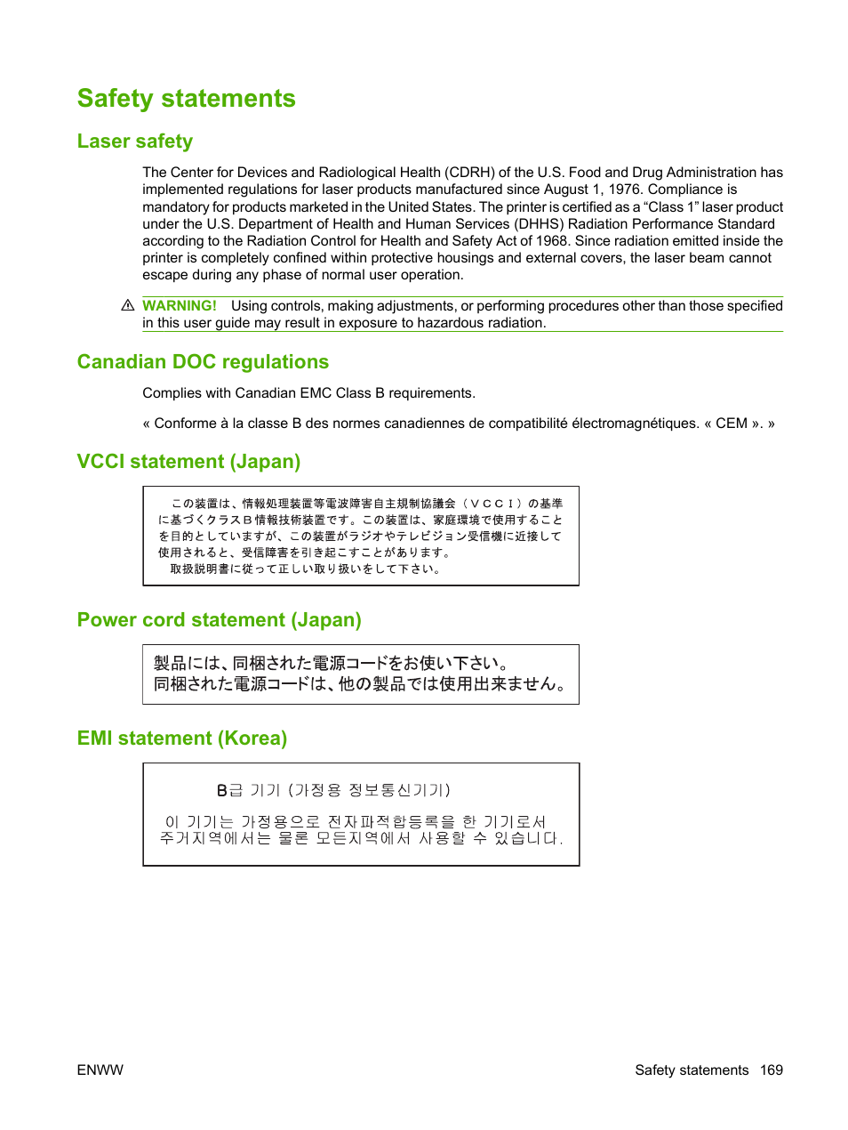 Safety statements, Laser safety, Canadian doc regulations | Vcci statement (japan), Power cord statement (japan), Emi statement (korea) | HP LaserJet 5200 Printer series User Manual | Page 181 / 212
