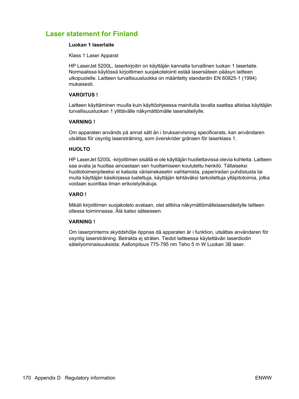 Laser statement for finland | HP LaserJet 5200 Printer series User Manual | Page 182 / 212