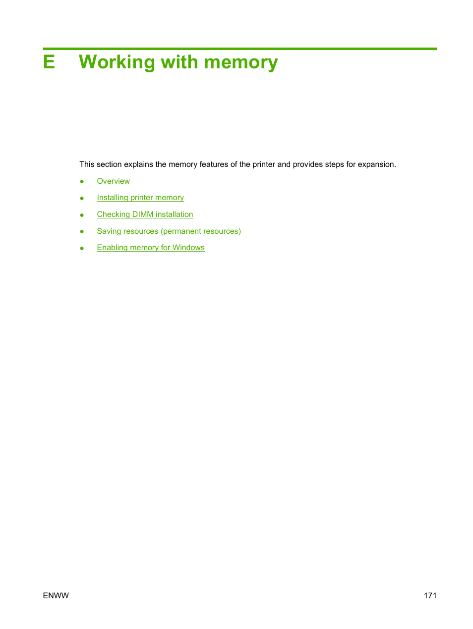 Working with memory, Appendix e working with memory | HP LaserJet 5200 Printer series User Manual | Page 183 / 212