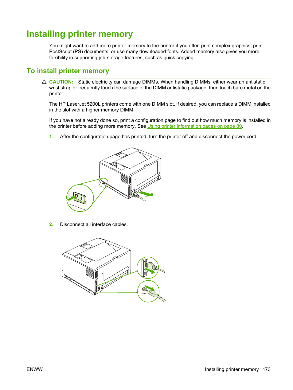 Installing printer memory, To install printer memory, Installing printer | Installing | HP LaserJet 5200 Printer series User Manual | Page 185 / 212