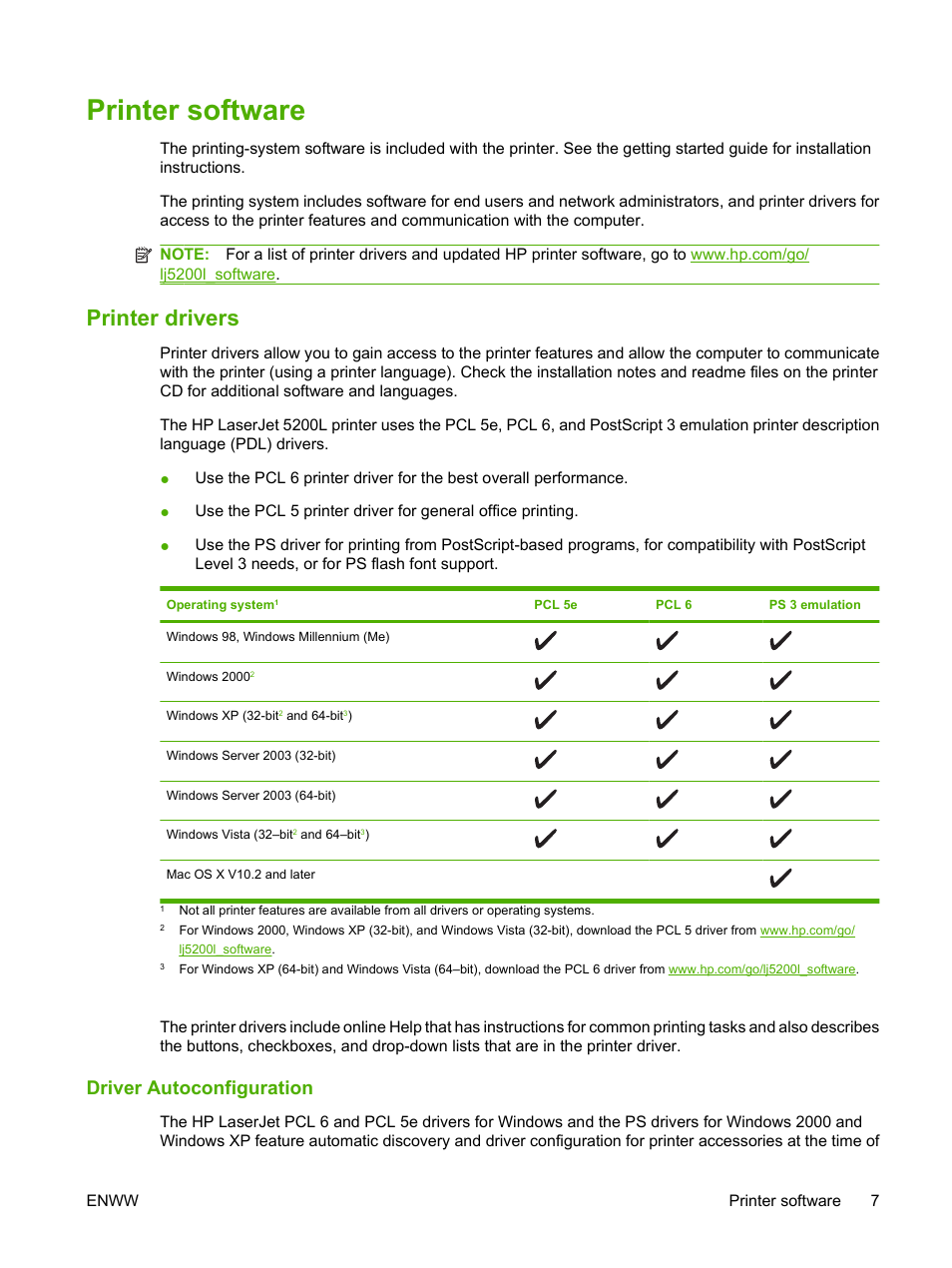 Printer software, Printer drivers, Driver autoconfiguration | HP LaserJet 5200 Printer series User Manual | Page 19 / 212