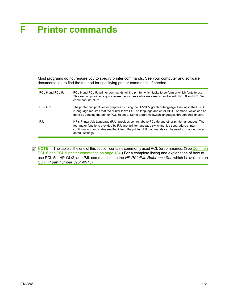 Printer commands, Appendix f printer commands, Fprinter commands | HP LaserJet 5200 Printer series User Manual | Page 193 / 212
