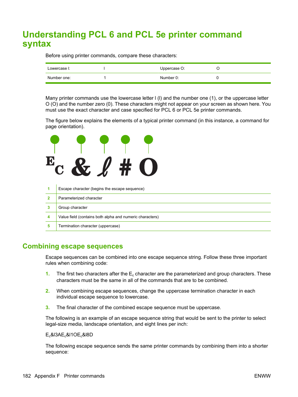 Combining escape sequences | HP LaserJet 5200 Printer series User Manual | Page 194 / 212
