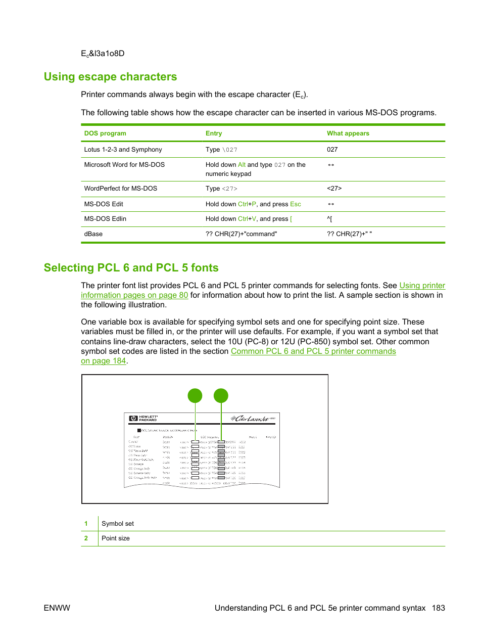 Using escape characters, Selecting pcl 6 and pcl 5 fonts | HP LaserJet 5200 Printer series User Manual | Page 195 / 212