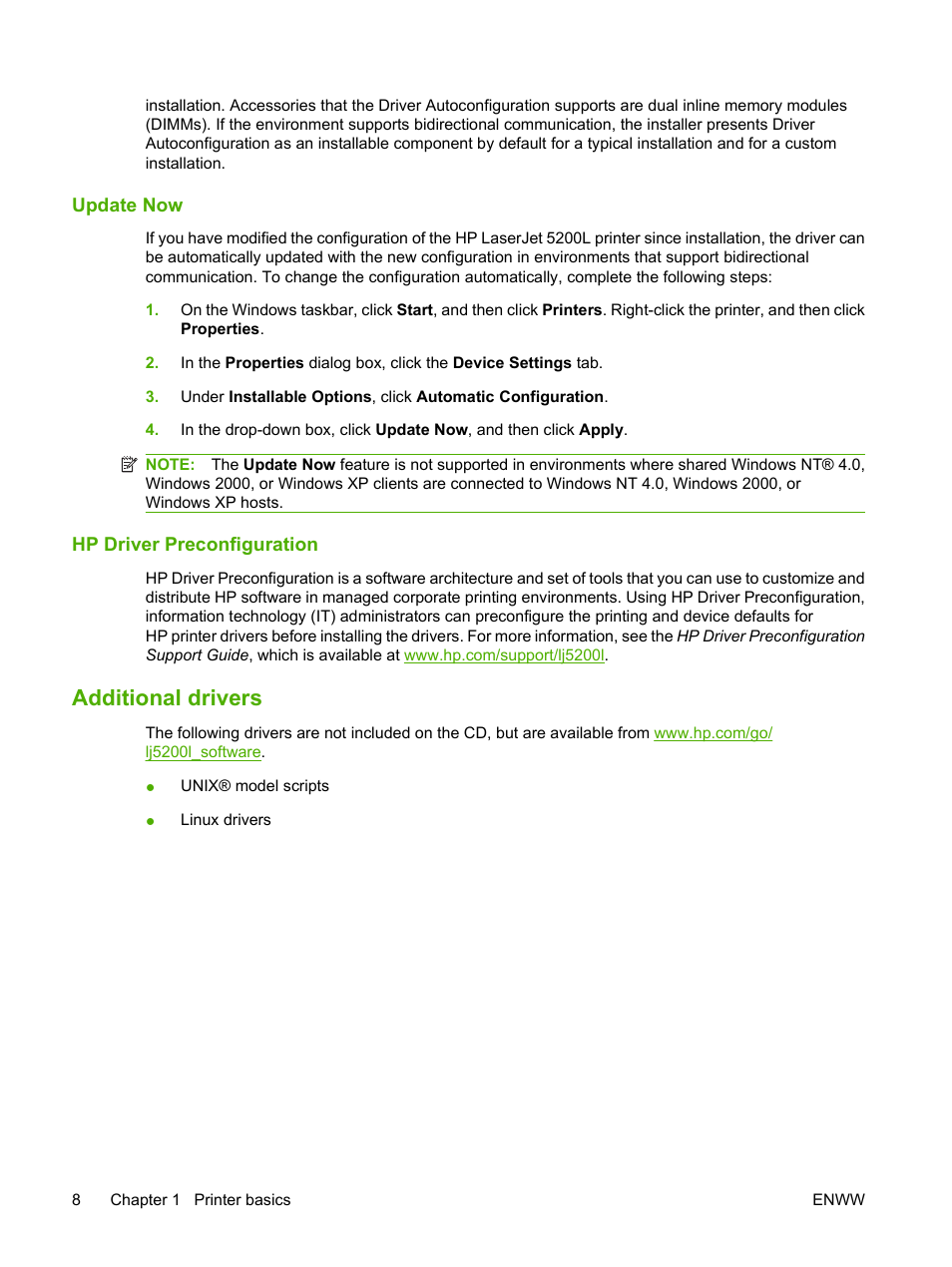 Update now, Hp driver preconfiguration, Additional drivers | Update now hp driver preconfiguration | HP LaserJet 5200 Printer series User Manual | Page 20 / 212