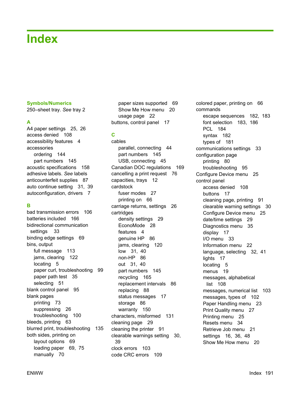 Index | HP LaserJet 5200 Printer series User Manual | Page 203 / 212