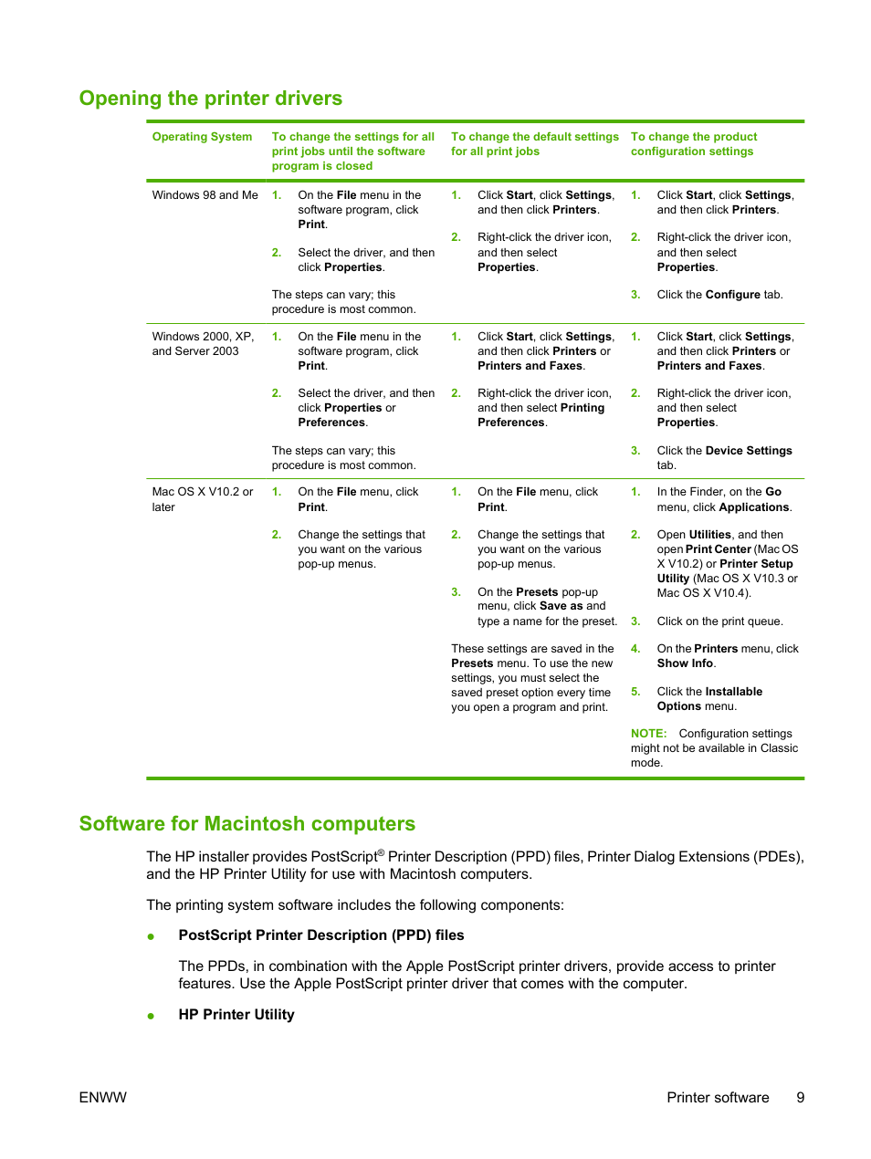 Opening the printer drivers, Software for macintosh computers | HP LaserJet 5200 Printer series User Manual | Page 21 / 212