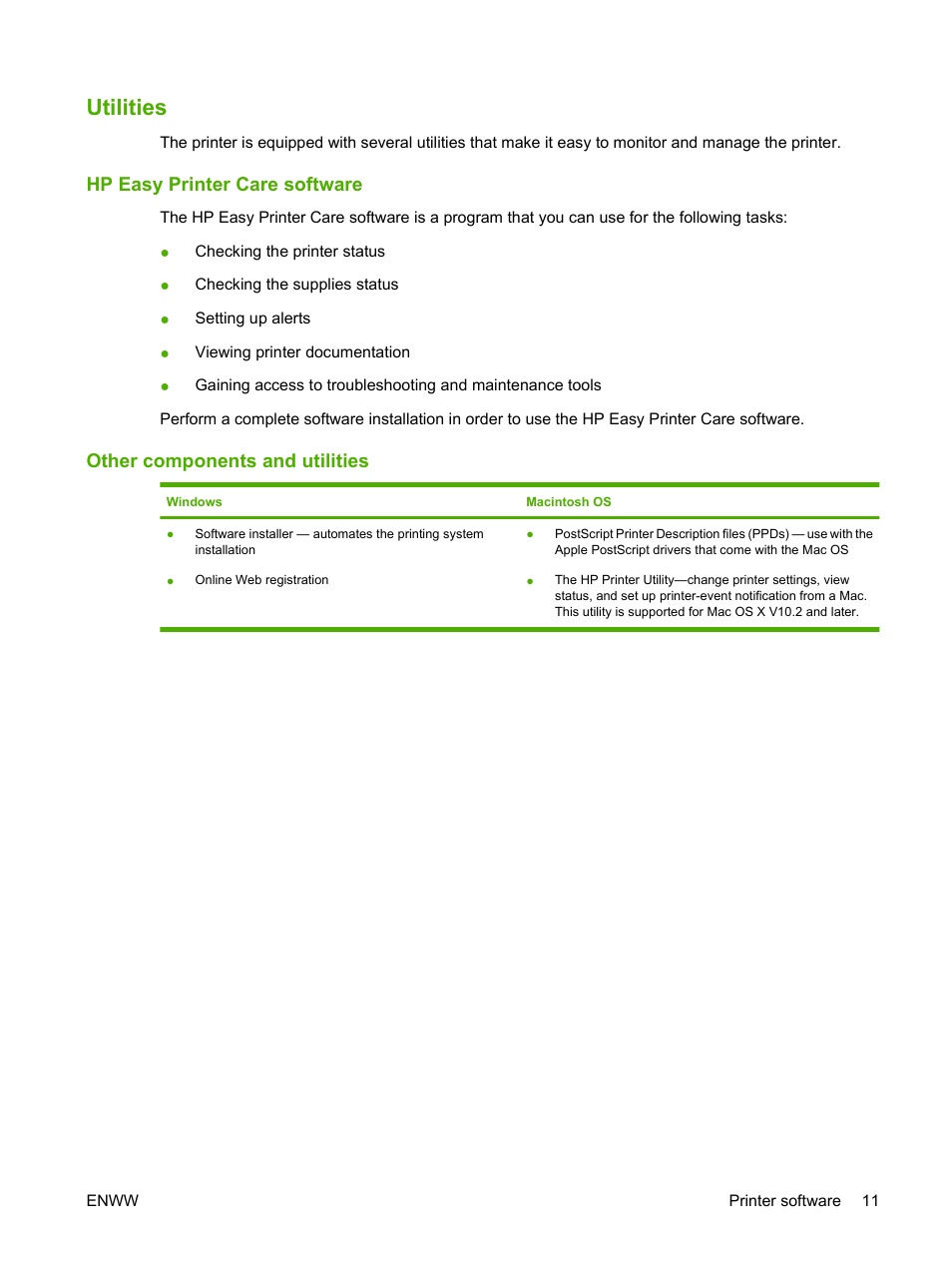 Utilities, Hp easy printer care software, Other components and utilities | HP LaserJet 5200 Printer series User Manual | Page 23 / 212