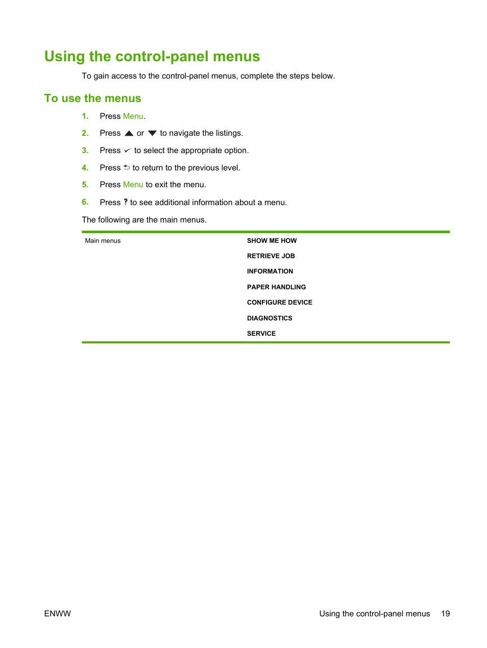 Using the control-panel menus, To use the menus | HP LaserJet 5200 Printer series User Manual | Page 31 / 212