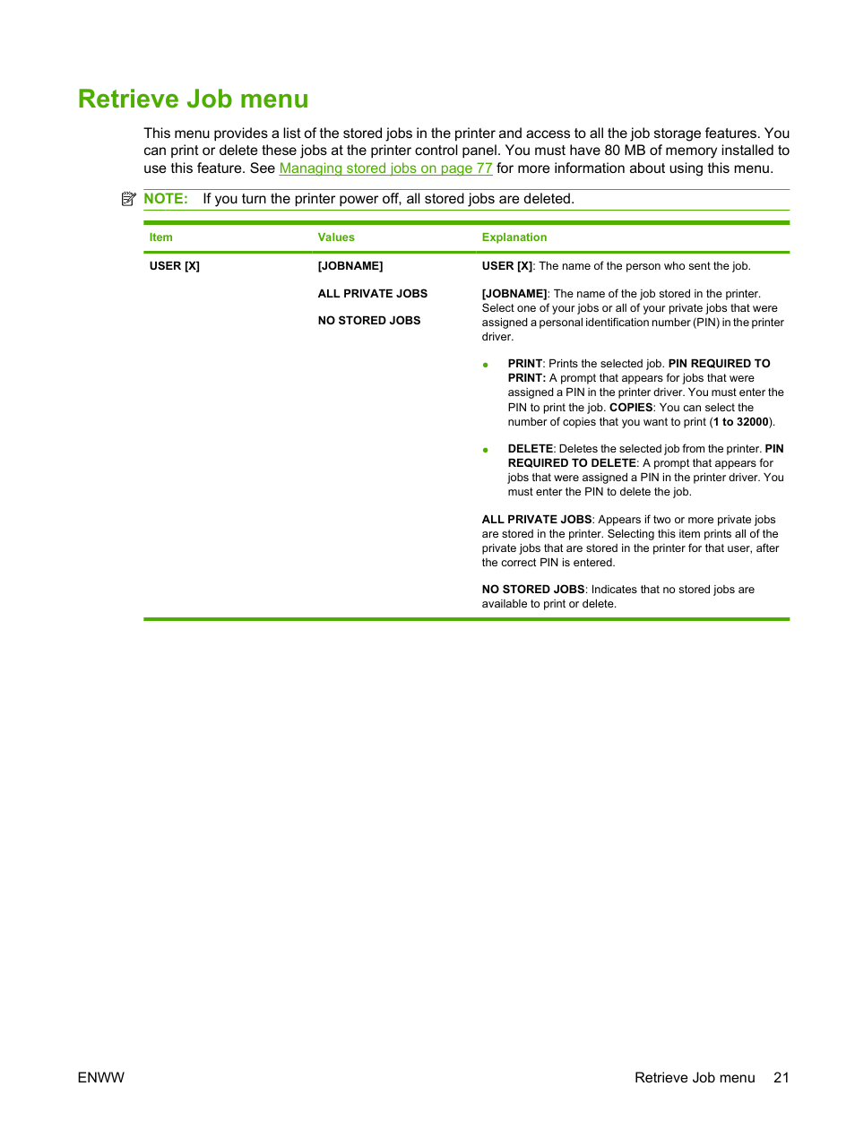 Retrieve job menu | HP LaserJet 5200 Printer series User Manual | Page 33 / 212