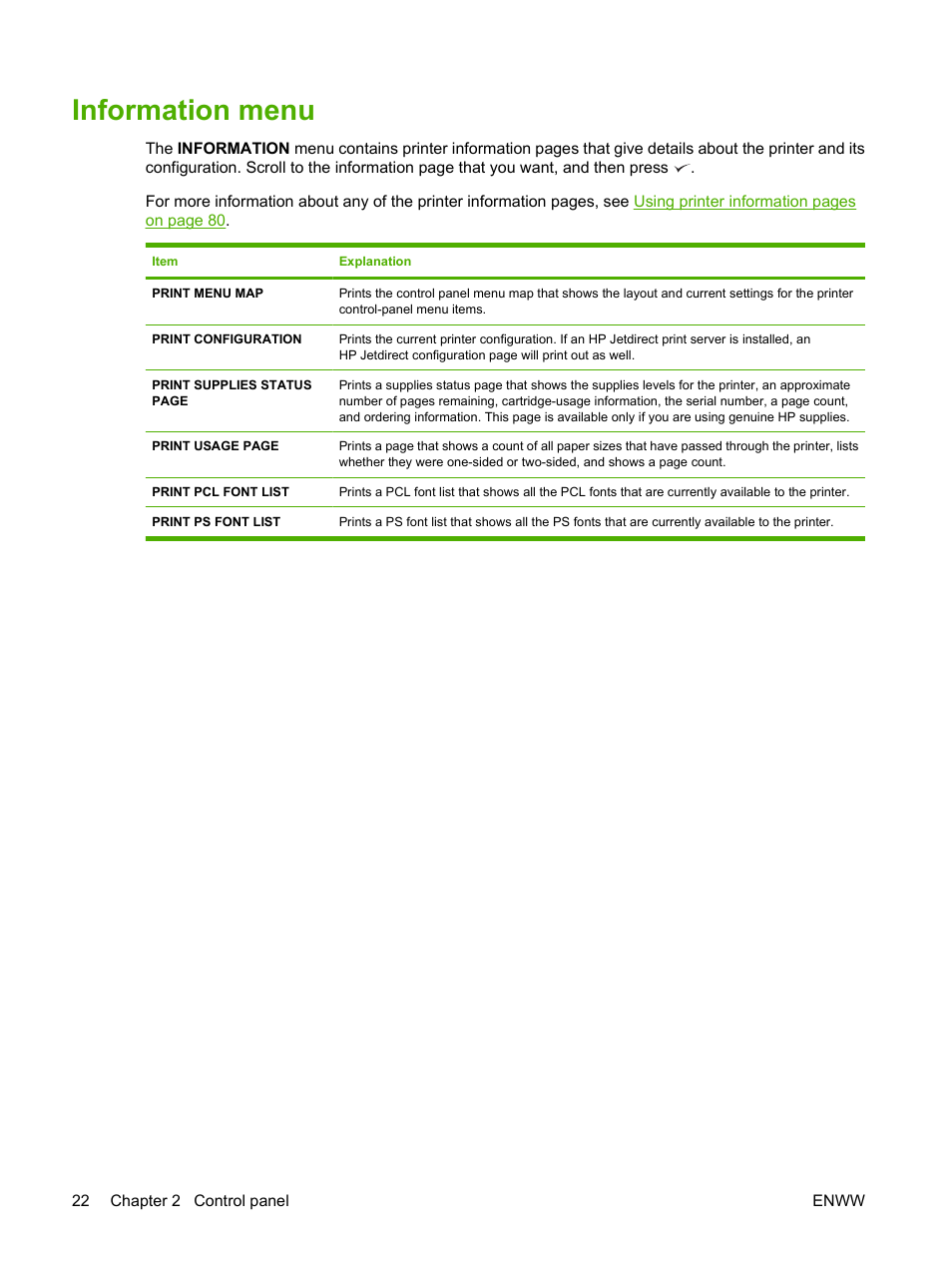 Information menu | HP LaserJet 5200 Printer series User Manual | Page 34 / 212