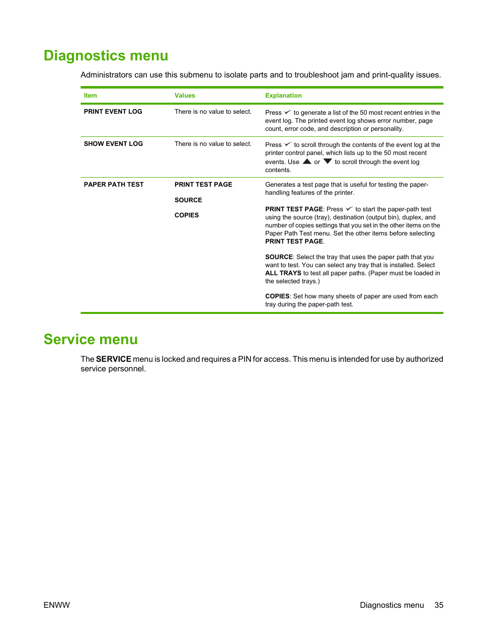 Diagnostics menu, Service menu, Diagnostics menu service menu | HP LaserJet 5200 Printer series User Manual | Page 47 / 212