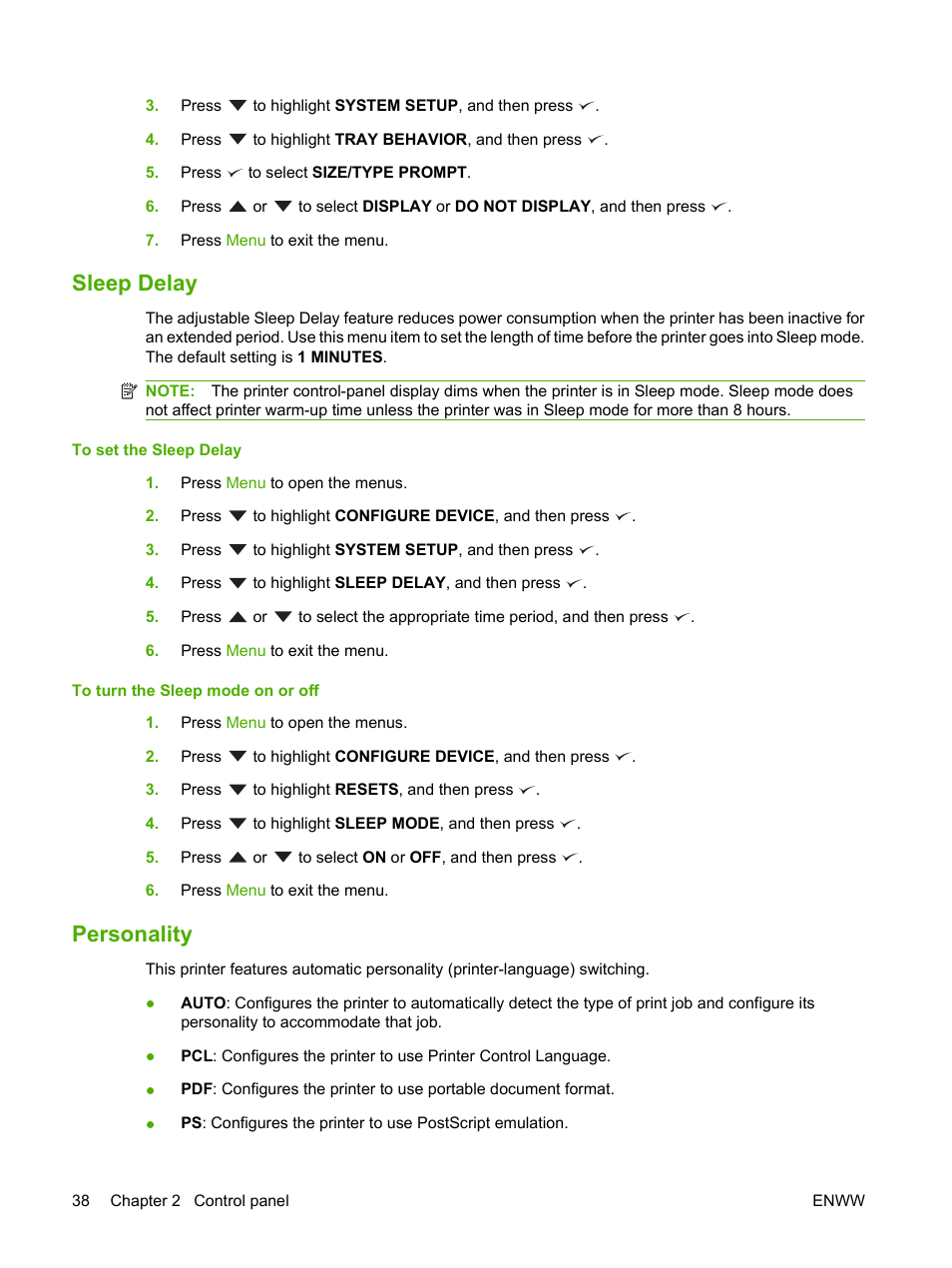 Sleep delay, Personality, Sleep delay personality | HP LaserJet 5200 Printer series User Manual | Page 50 / 212