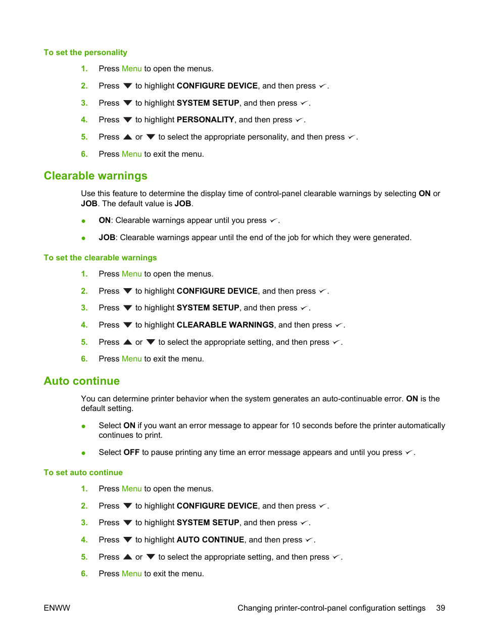 Clearable warnings, Auto continue, Clearable warnings auto continue | HP LaserJet 5200 Printer series User Manual | Page 51 / 212