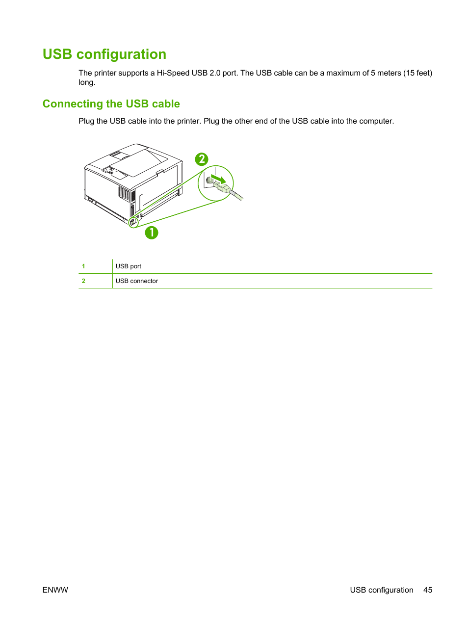 Usb configuration, Connecting the usb cable | HP LaserJet 5200 Printer series User Manual | Page 57 / 212