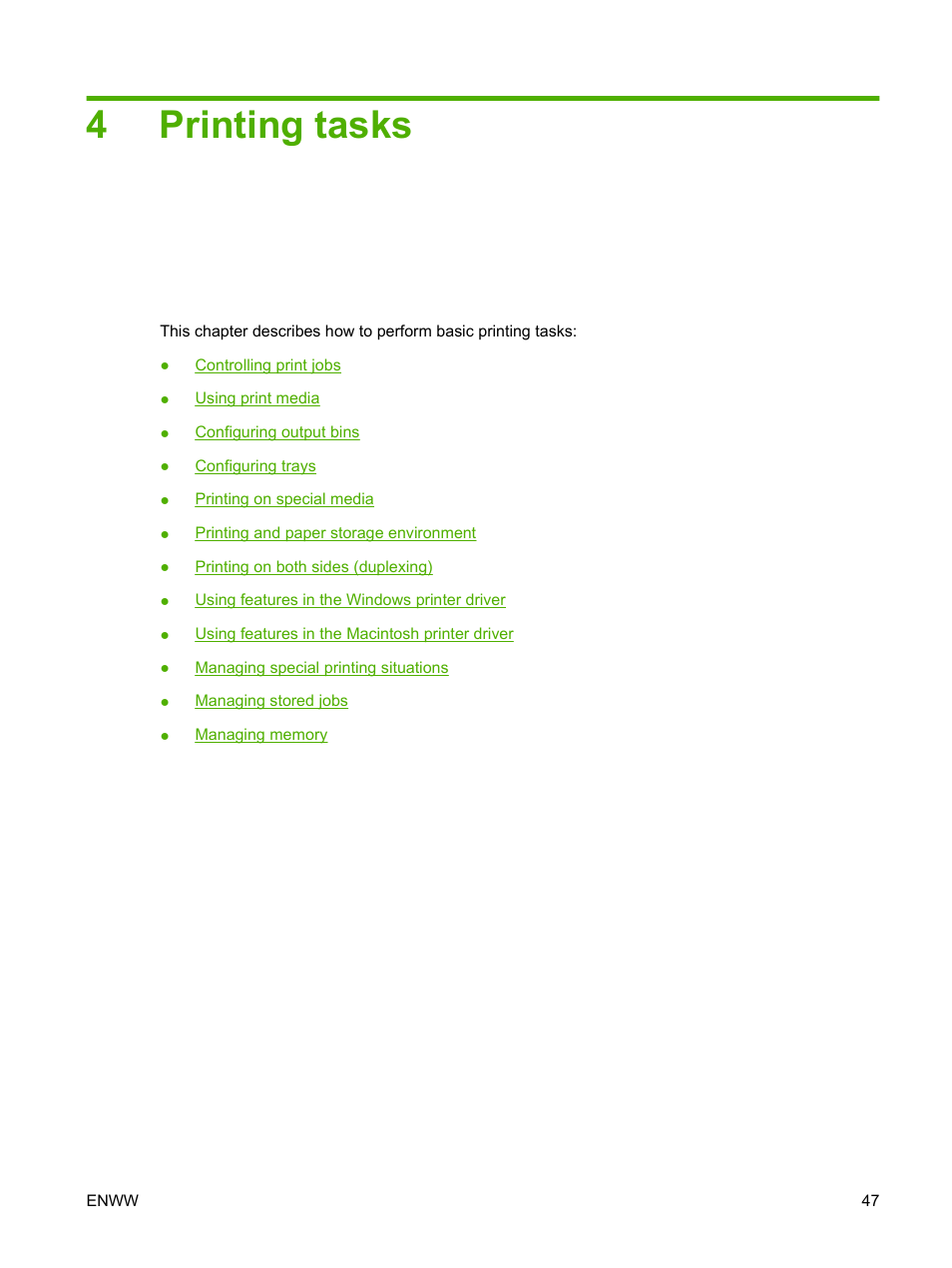 Printing tasks, 4 printing tasks, 4printing tasks | HP LaserJet 5200 Printer series User Manual | Page 59 / 212
