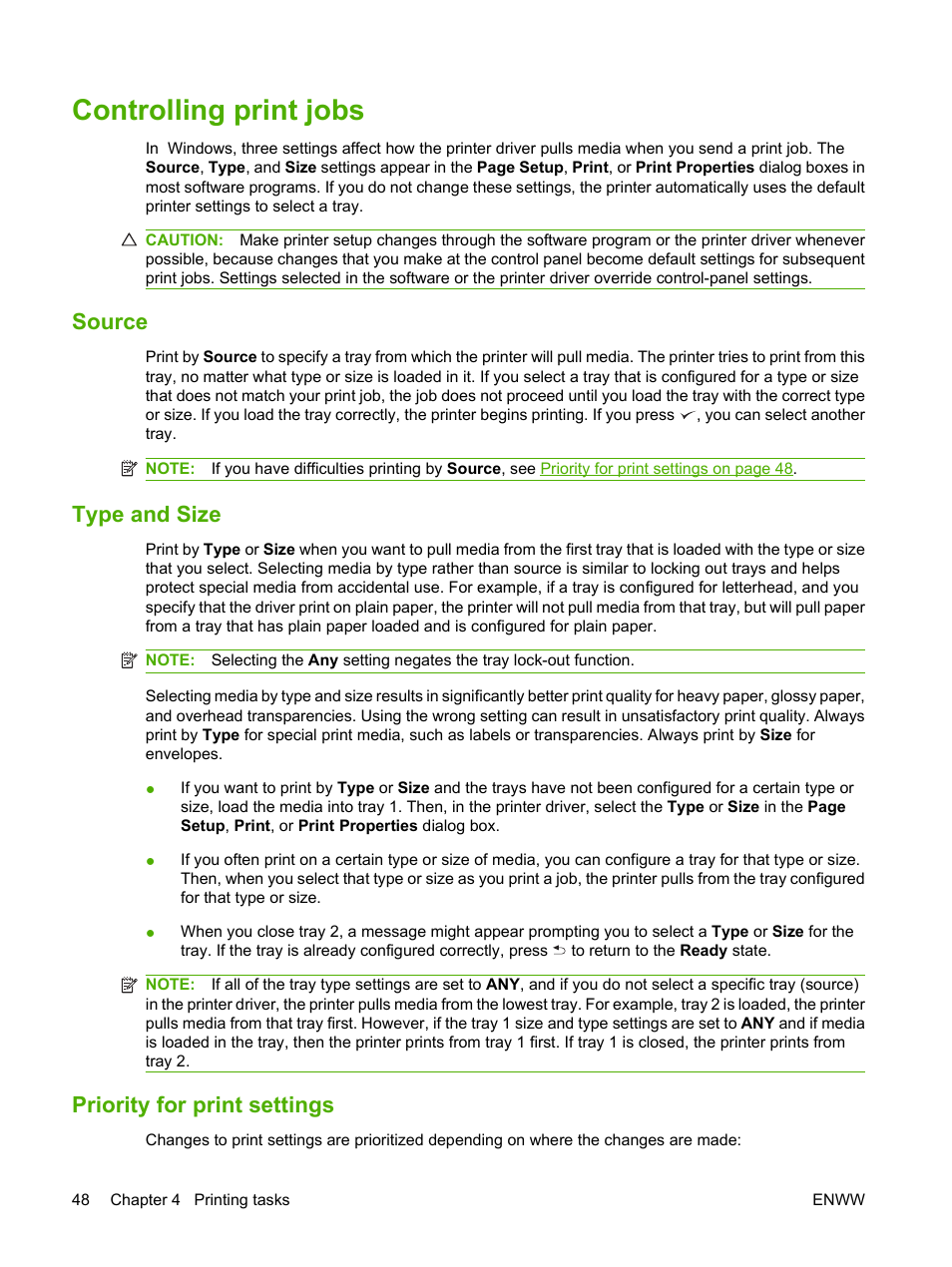 Controlling print jobs, Source, Type and size | Priority for print settings, Source type and size priority for print settings | HP LaserJet 5200 Printer series User Manual | Page 60 / 212