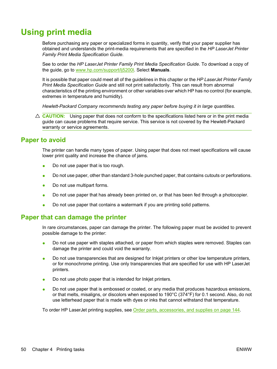 Using print media, Paper to avoid, Paper that can damage the printer | Paper to avoid paper that can damage the printer | HP LaserJet 5200 Printer series User Manual | Page 62 / 212