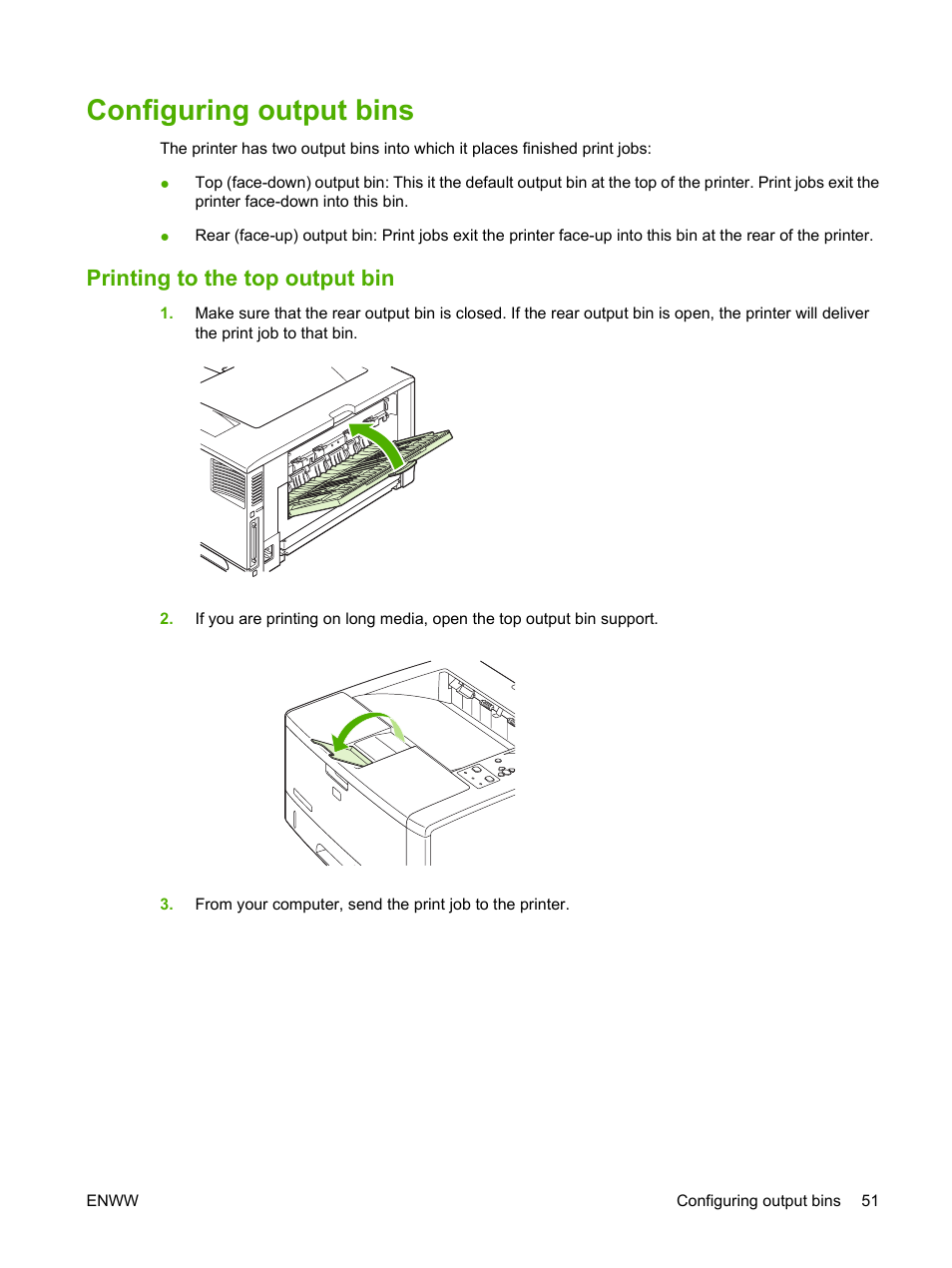 Configuring output bins, Printing to the top output bin | HP LaserJet 5200 Printer series User Manual | Page 63 / 212