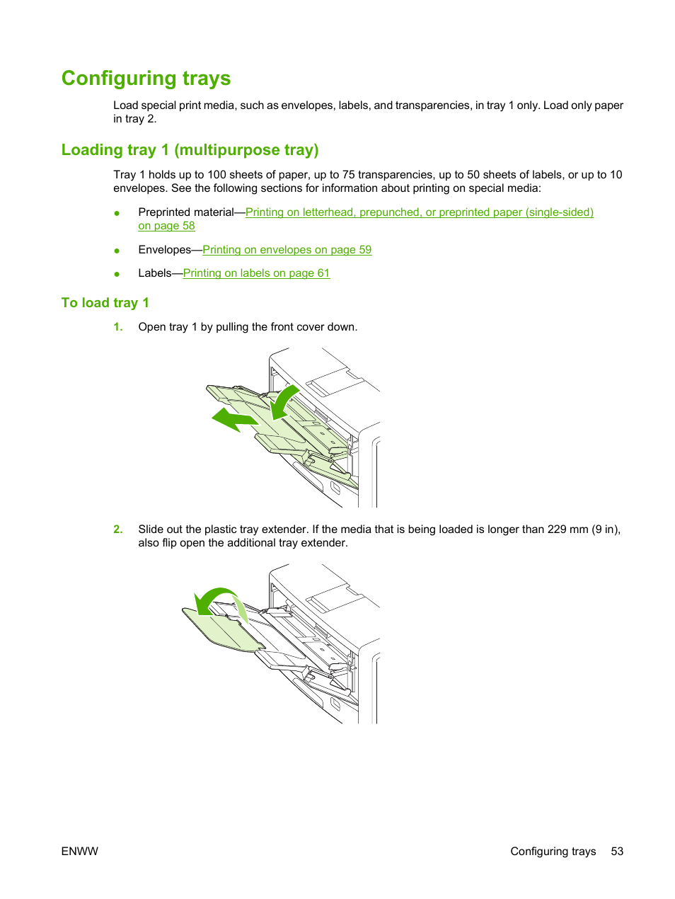 Configuring trays, Loading tray 1 (multipurpose tray), To load tray 1 | HP LaserJet 5200 Printer series User Manual | Page 65 / 212