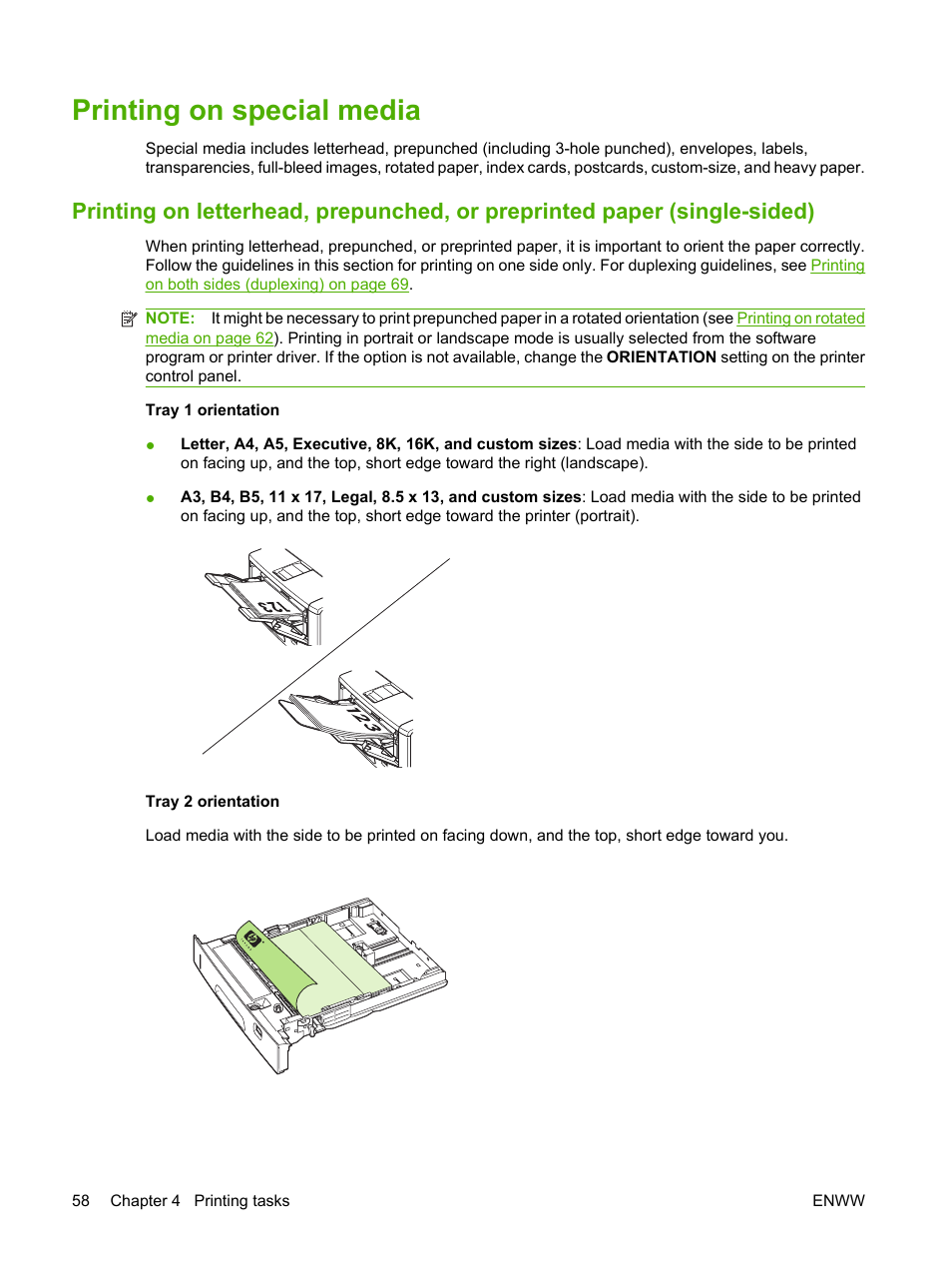 Printing on special media | HP LaserJet 5200 Printer series User Manual | Page 70 / 212