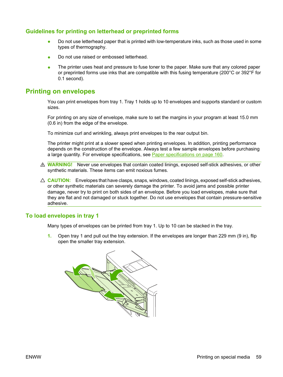 Printing on envelopes, To load envelopes in tray 1 | HP LaserJet 5200 Printer series User Manual | Page 71 / 212