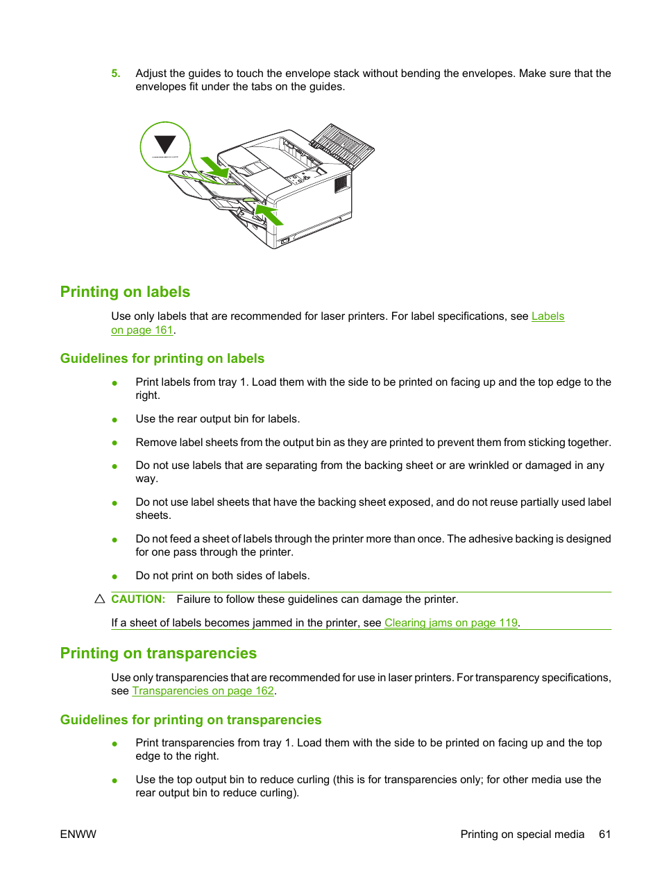 Printing on labels, Guidelines for printing on labels, Printing on transparencies | Guidelines for printing on transparencies | HP LaserJet 5200 Printer series User Manual | Page 73 / 212