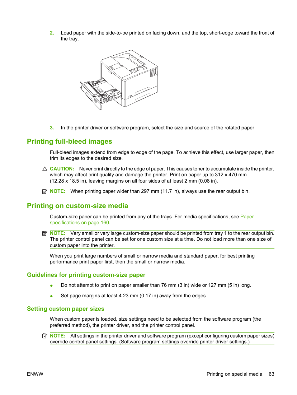 Printing full-bleed images, Printing on custom-size media, Guidelines for printing custom-size paper | Setting custom paper sizes | HP LaserJet 5200 Printer series User Manual | Page 75 / 212
