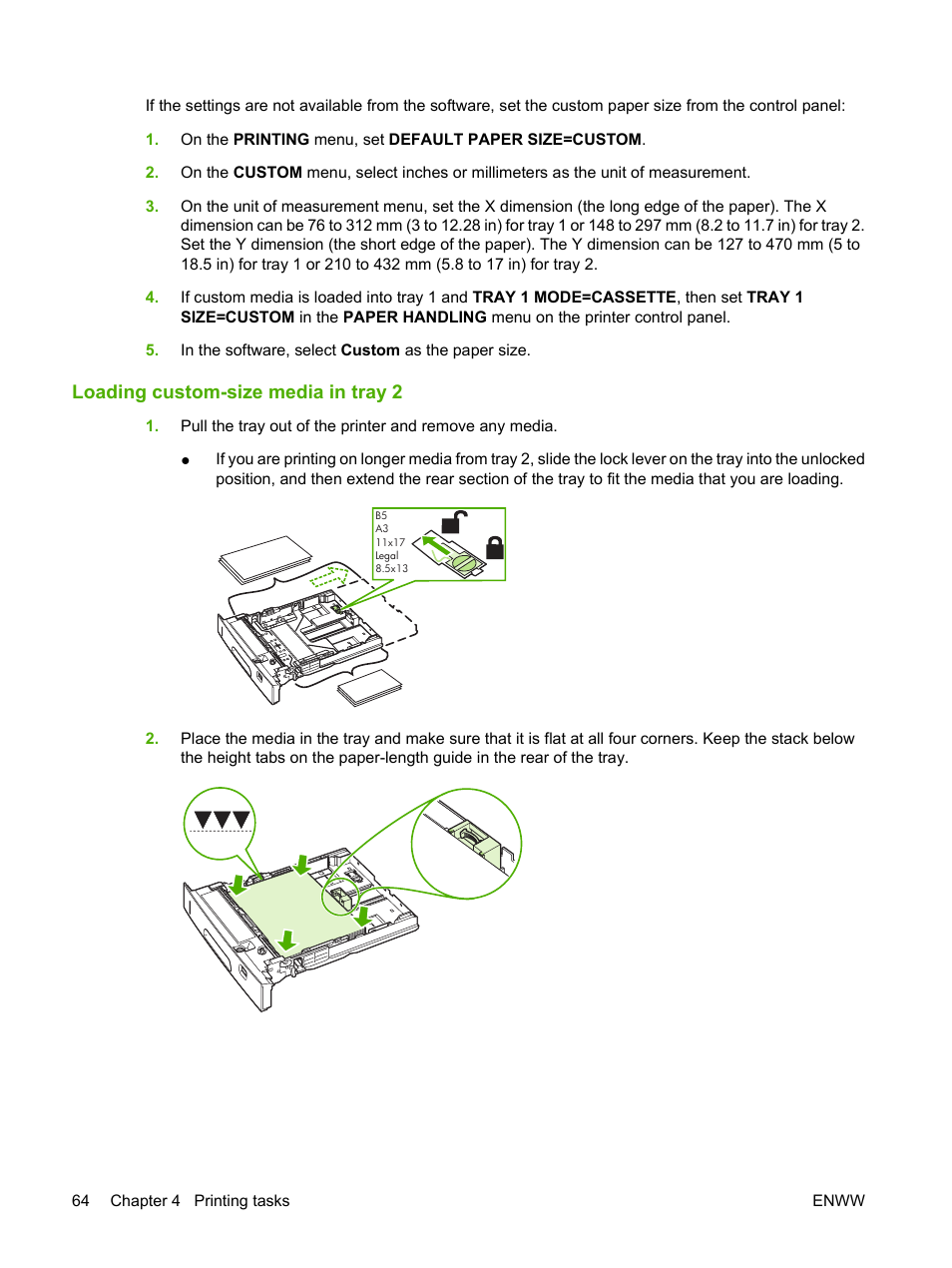 Loading custom-size media in tray 2 | HP LaserJet 5200 Printer series User Manual | Page 76 / 212