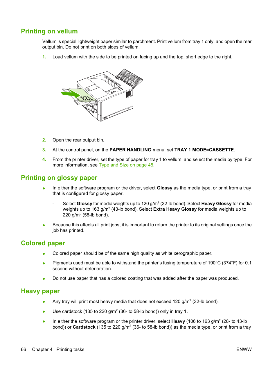 Printing on vellum, Printing on glossy paper, Colored paper | Heavy paper | HP LaserJet 5200 Printer series User Manual | Page 78 / 212